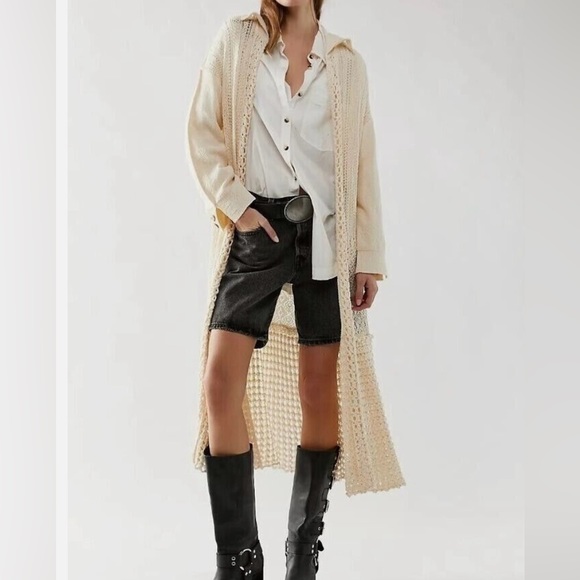 FREE PEOPLE Sunlight Crochet Knit Maxi Cardi in Sandcastle NWOT - Picture 1 of 11